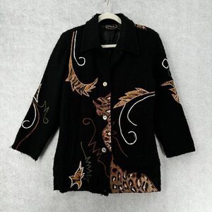 Vintage ALEX KIM Embroidered‎ Jacket Womens SMALL Art To Wear Floral Leopard